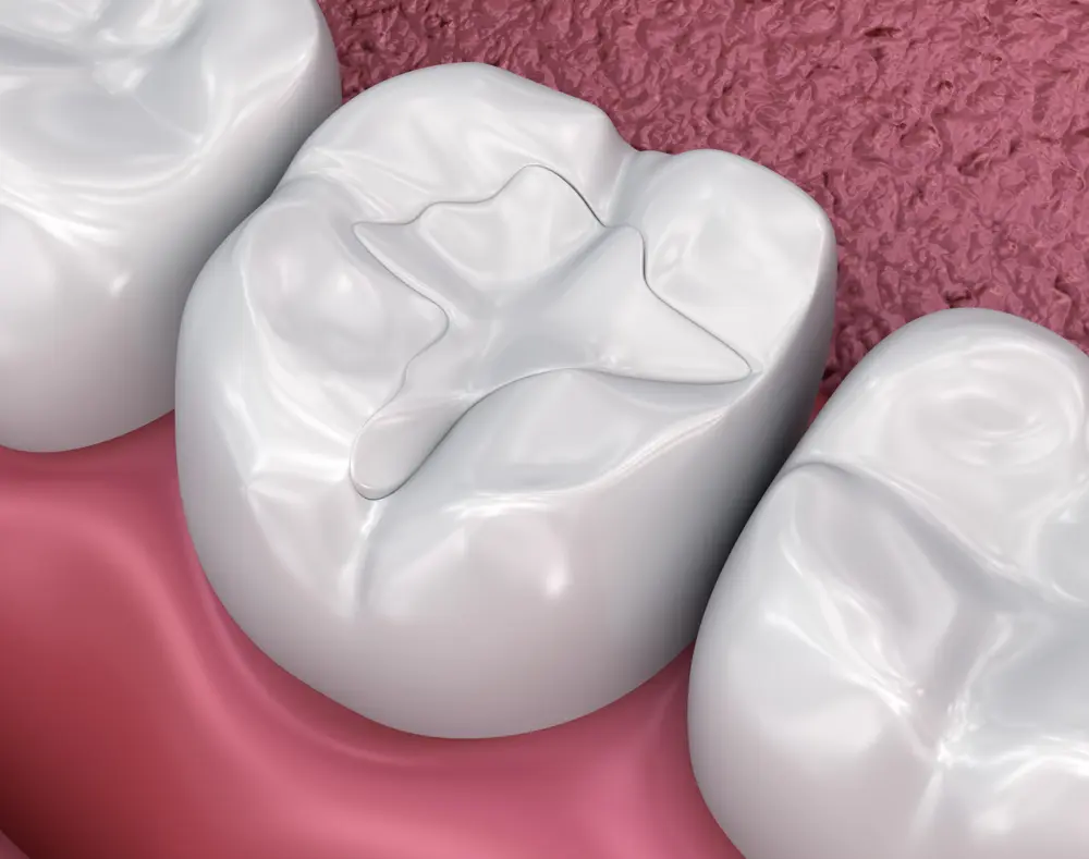 Close-up of three human molar teeth with smooth, shiny surfaces, against pink gum tissue and textured pink background.