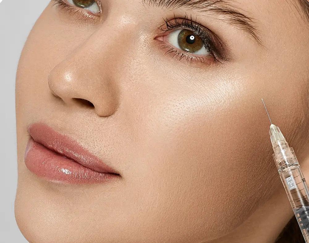 Close-up of a woman's face with a syringe near her cheek, showcasing smooth skin and neutral makeup on her lips and eyes.