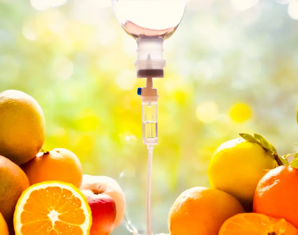 An IV drip hangs above a pile of fresh oranges, lemon, and apple, with a blurred outdoor background featuring bright, circular bokeh lights.