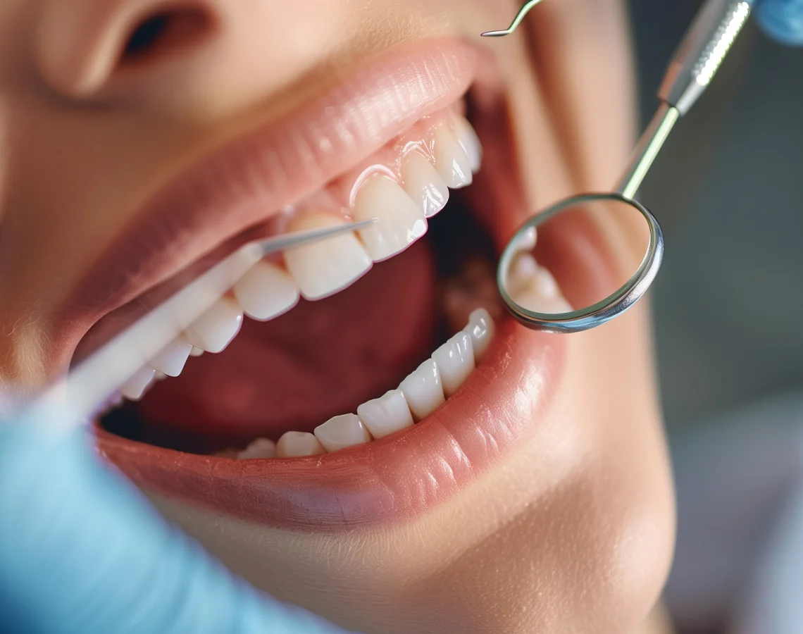 A close-up of a person's open mouth during a dental check-up, with teeth, gums, and dental tools including a mirror and probe visible.