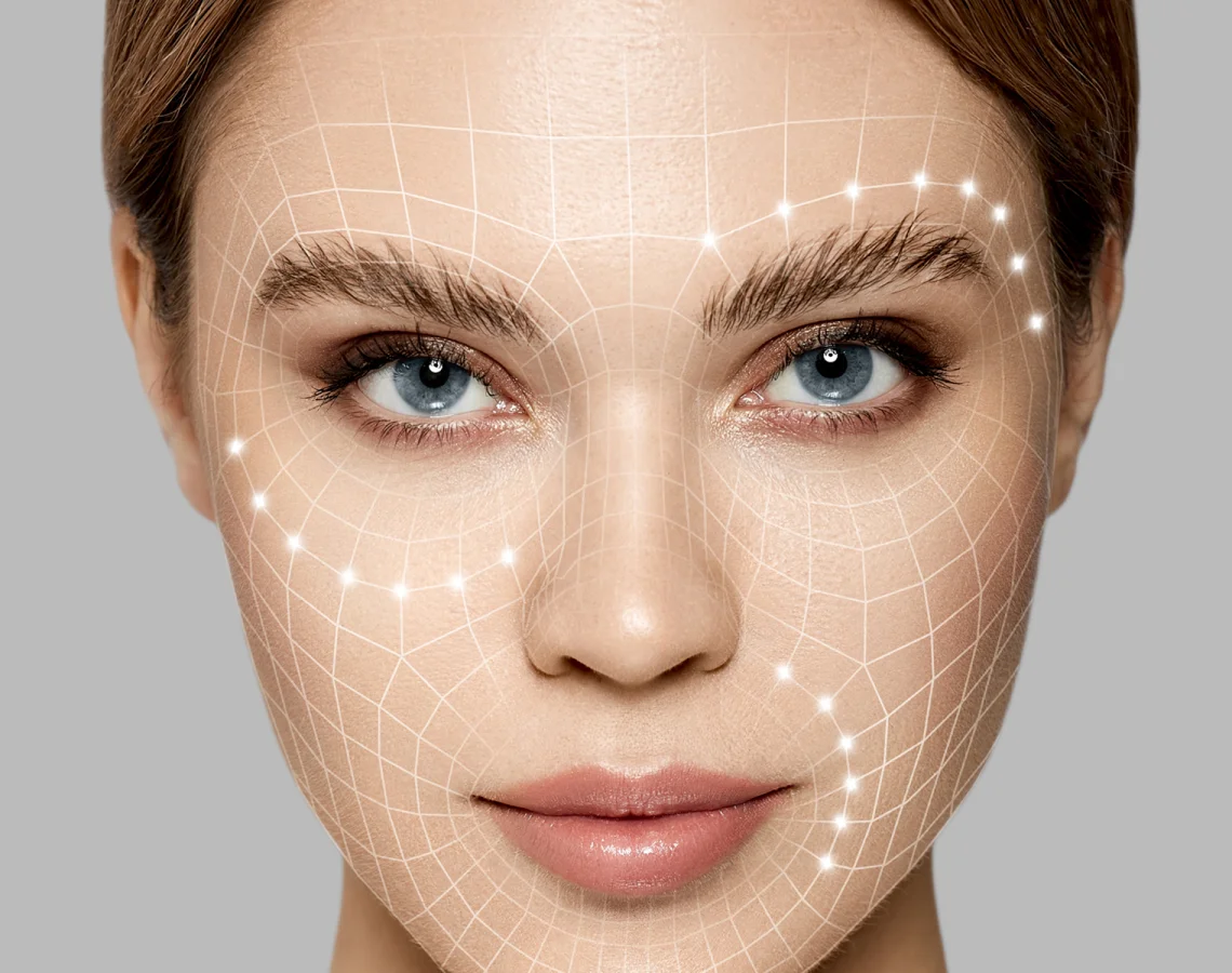 Close-up of a woman's face with blue eyes, featuring an overlay of a neural network pattern highlighting facial features.