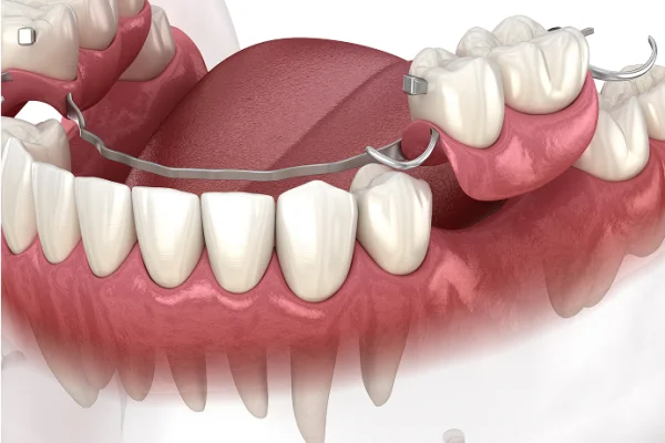 A close-up of upper teeth with a metal orthodontic retainer attached, showing the gums and tongue inside the mouth.